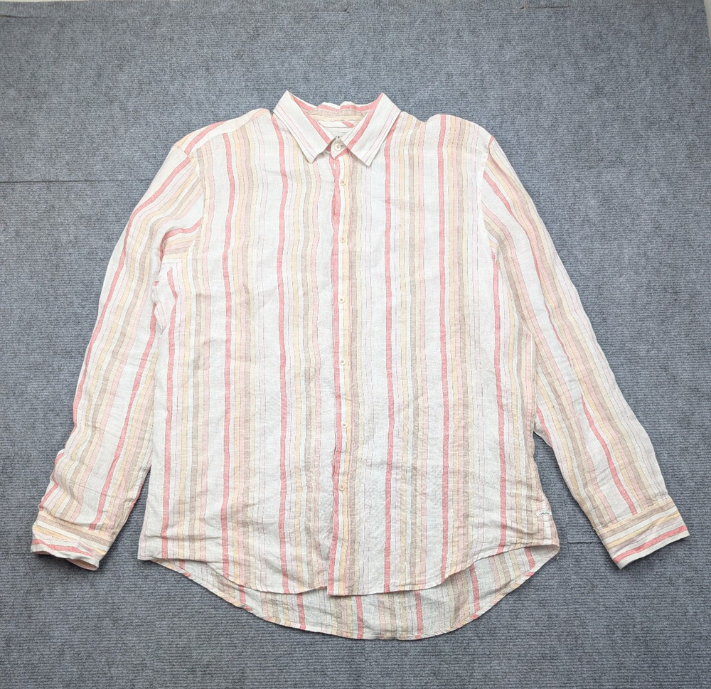 Industrie Linen Button Up Shirt Men XL Stripe Pink Outdoor Coastal Preppy Summer